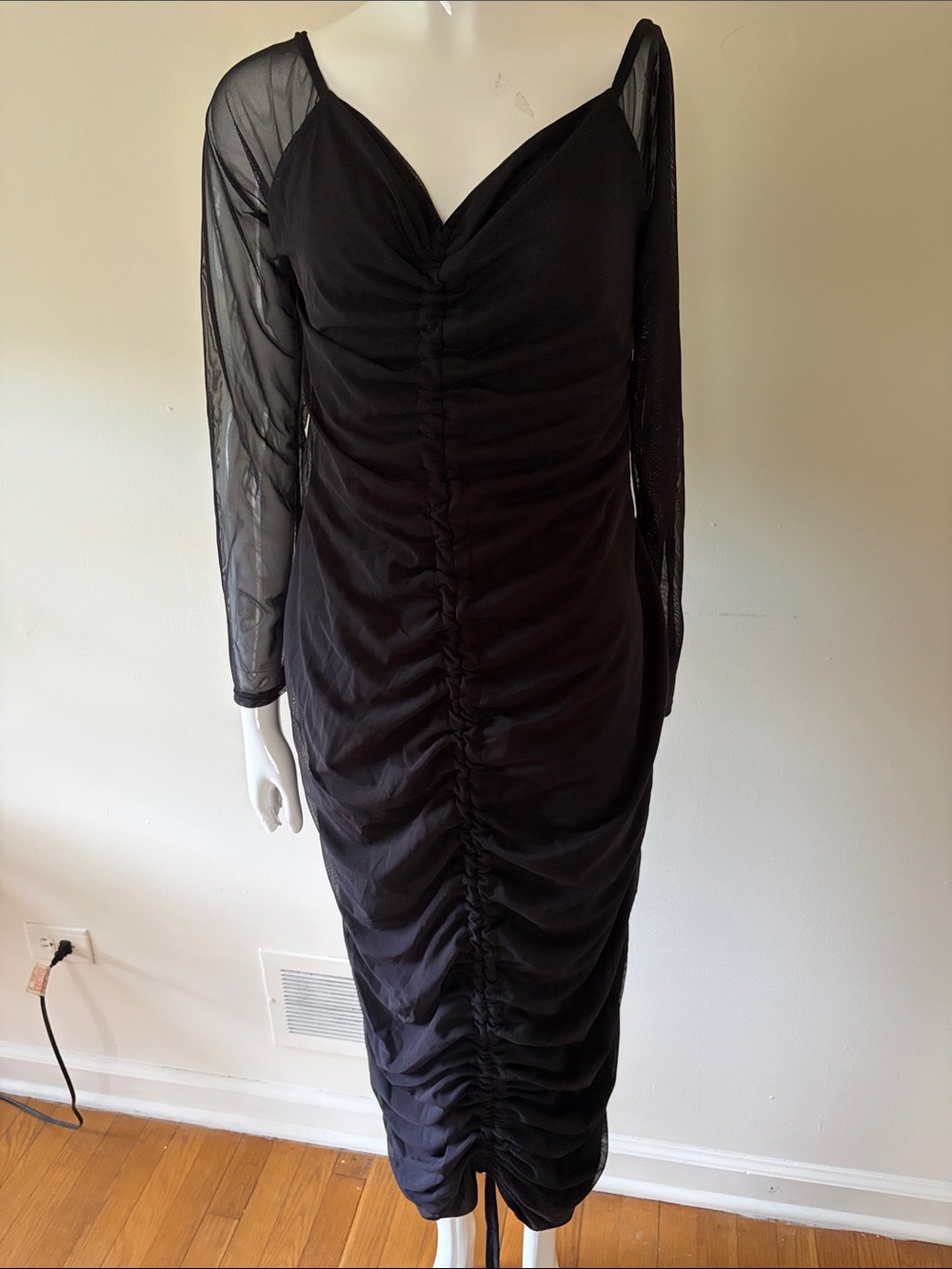PrettyLittleThing Black Ruched Mesh Sleeve Midi Dress